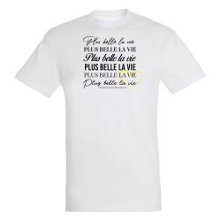 T-shirt Plus Belle La Vie BLANC Typo Cœur Jaune